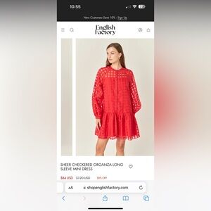 English Factory Sheer Organza Long Sleeve Mini Dress. Size XS.